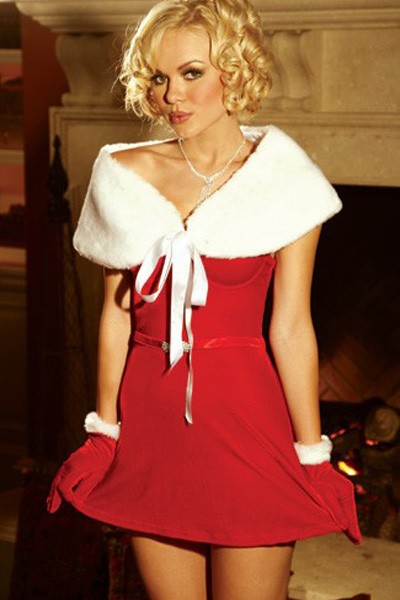 Christmas Costume Red Santa Dress with White Shawl - Click Image to Close